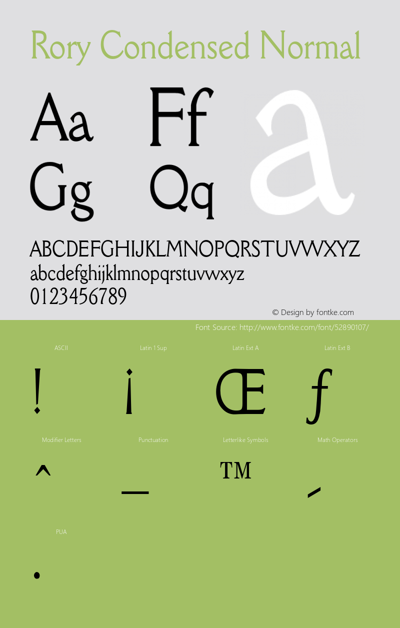 RoryCondensedNormal Altsys Fontographer 4.1 1/9/95 {DfLp-URBC-66E7-7FBL-FXFA} Font Sample