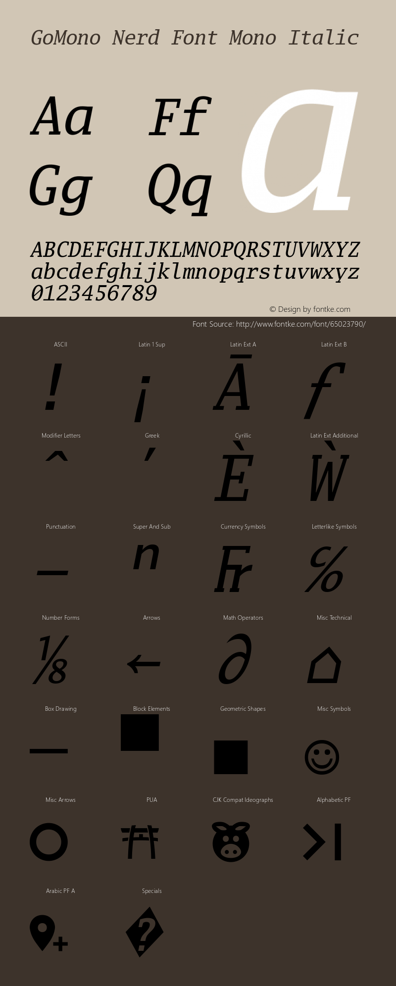 Go Mono Italic Nerd Font Complete Mono Version 2.008; ttfautohint (v1.6) Font Sample