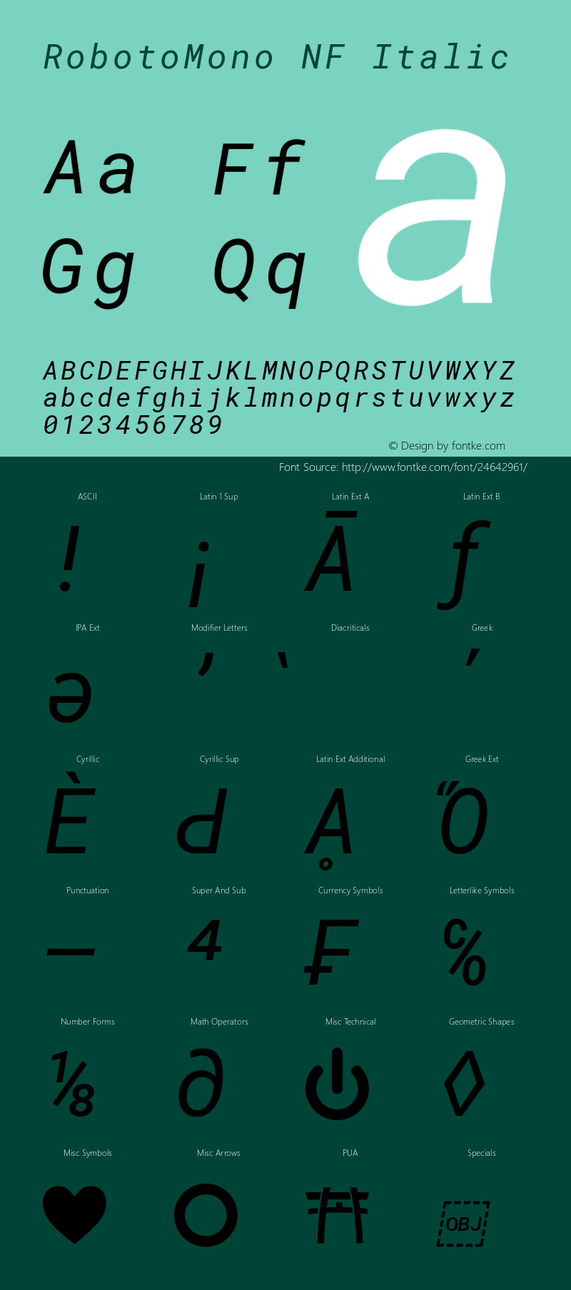 Roboto Mono Italic Nerd Font Complete Mono Windows Compatible Version 2.000986; 2015; ttfautohint (v1.3) Font Sample