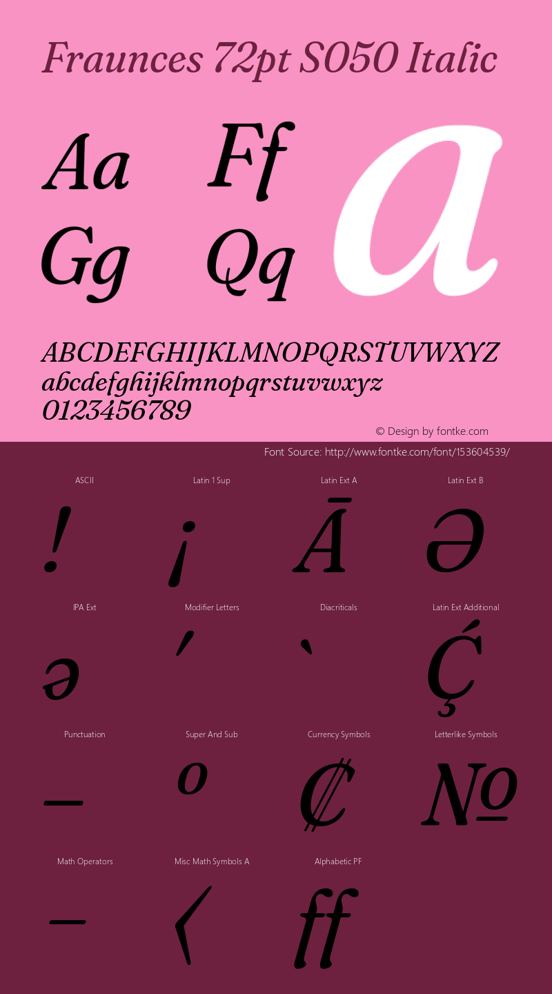 Fraunces 72pt S050 Italic Version 1.000; ttfautohint (v1.8.3) Font Sample