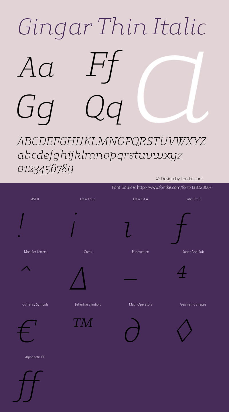 Gingar Thin Italic Version 001.000 Font Sample