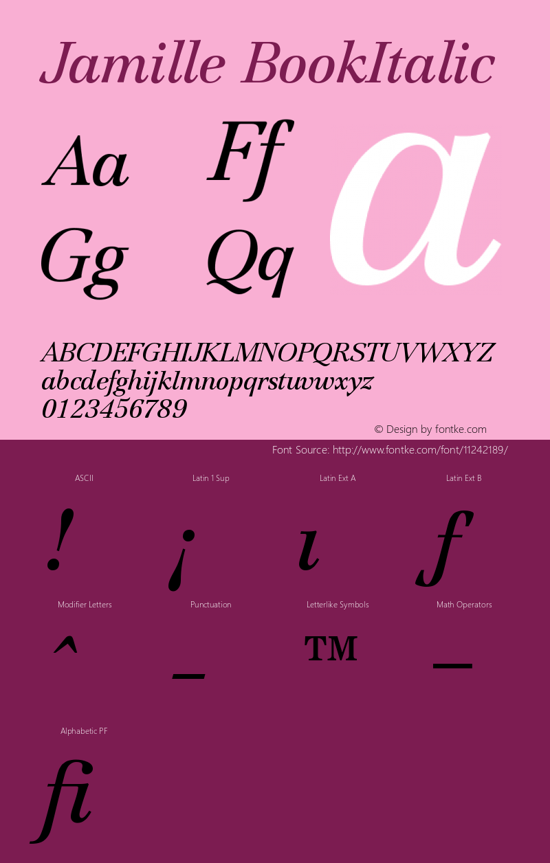 Jamille BookItalic Version 1.0 Font Sample