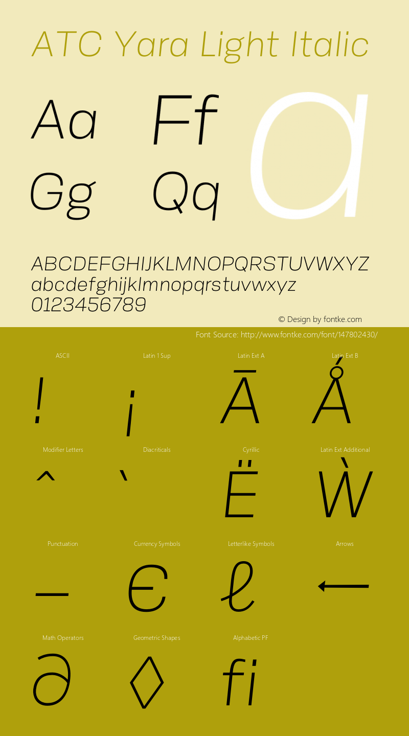 ATCYara-LightItalic Version 1.002;PS 001.002;hotconv 1.0.88;makeotf.lib2.5.64775 Font Sample