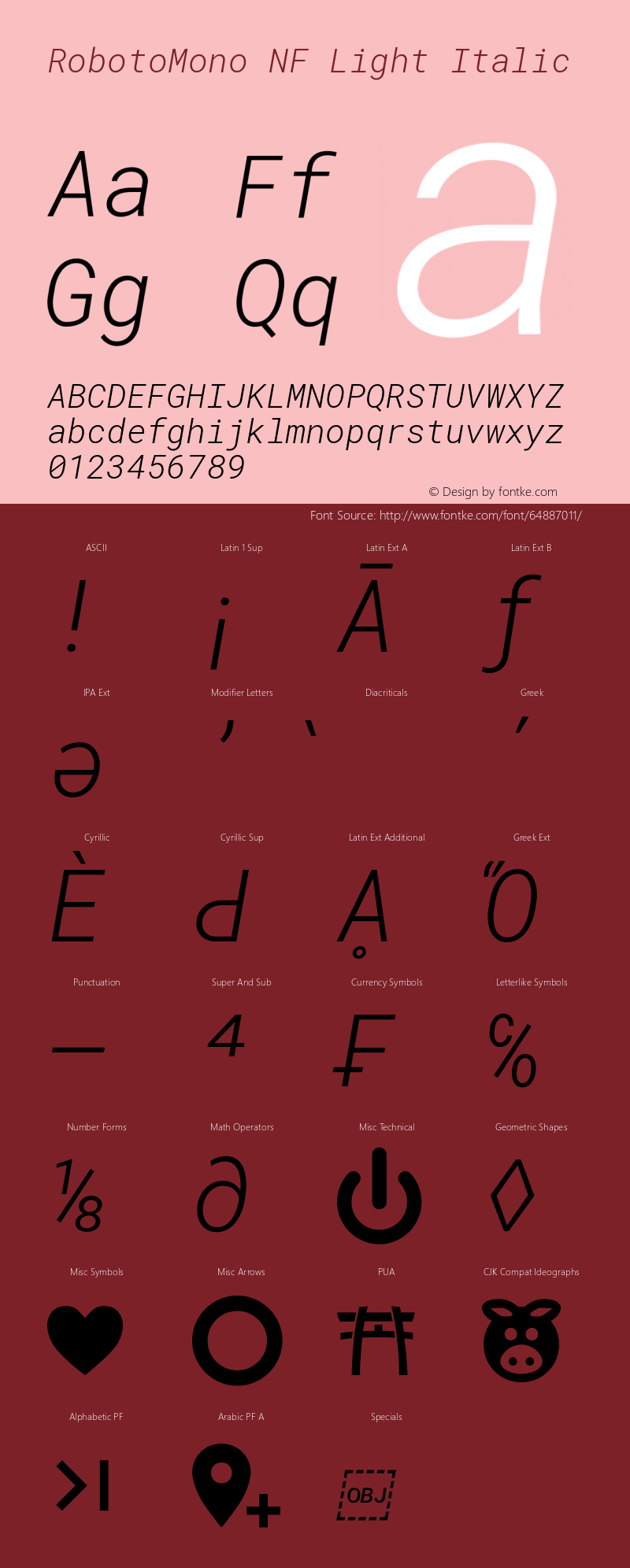 Roboto Mono Light Italic Nerd Font Complete Windows Compatible Version 2.000986; 2015; ttfautohint (v1.3) Font Sample