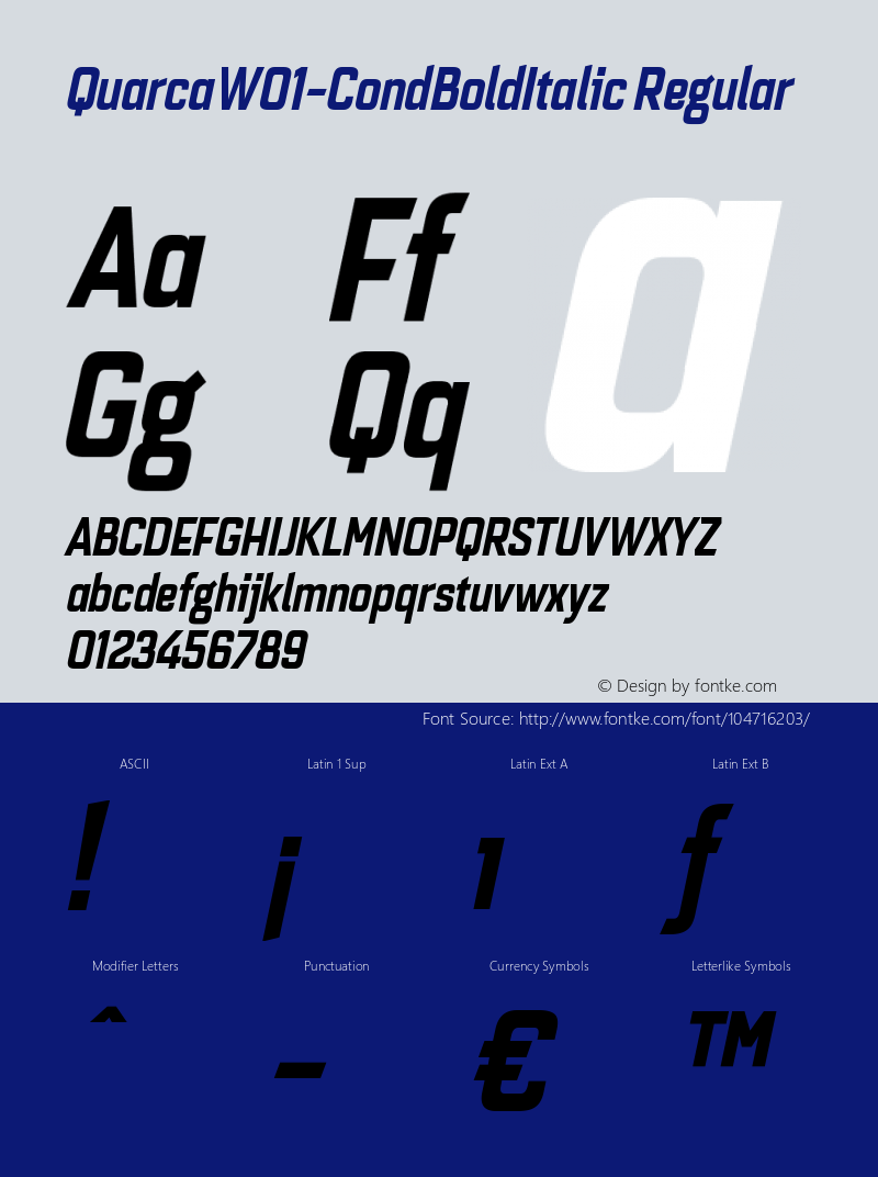 Quarca W01 Cond Bold Italic Version 1.00 Font Sample