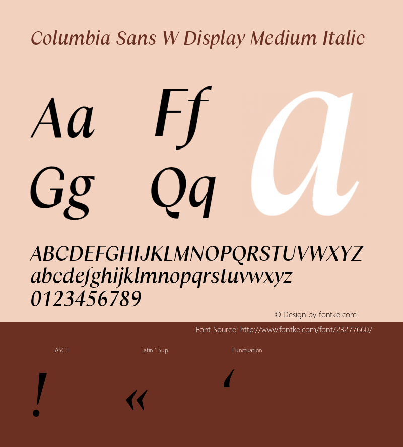 Columbia Sans W Disp Medium Italic Version 1.001;PS 1.1;hotconv 1.0.88;makeotf.lib2.5.647800; ttfautohint (v1.3.34-f4db) Font Sample