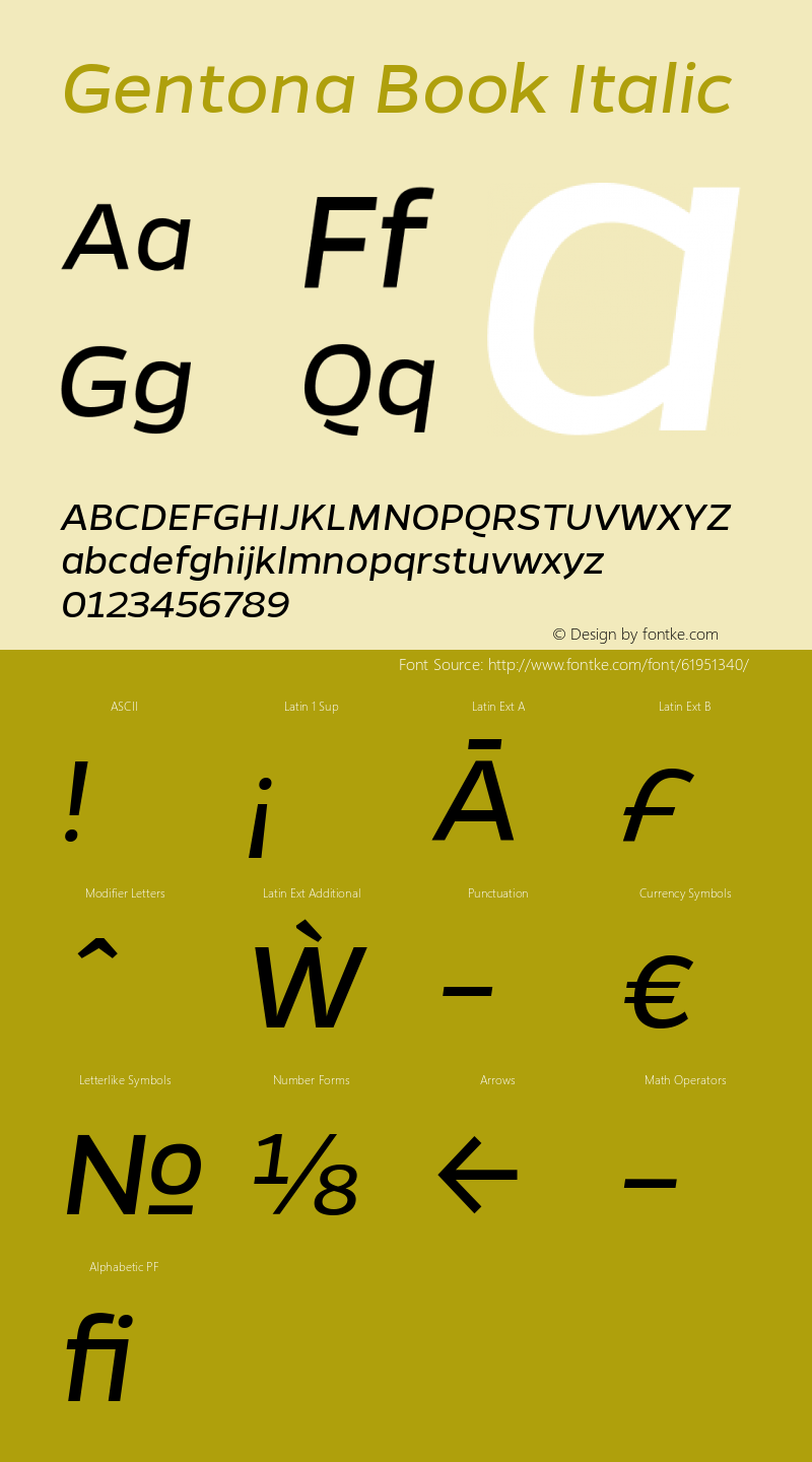 Gentona Book Italic Version 1.001;PS 001.001;hotconv 1.0.70;makeotf.lib2.5.58329 Font Sample