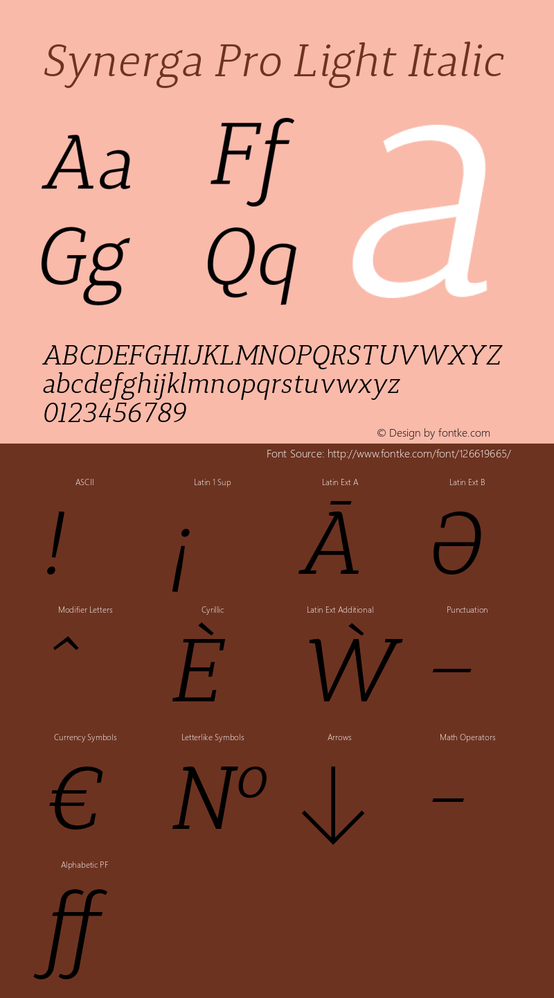 Synerga Pro Light Italic Version 001.000 Font Sample