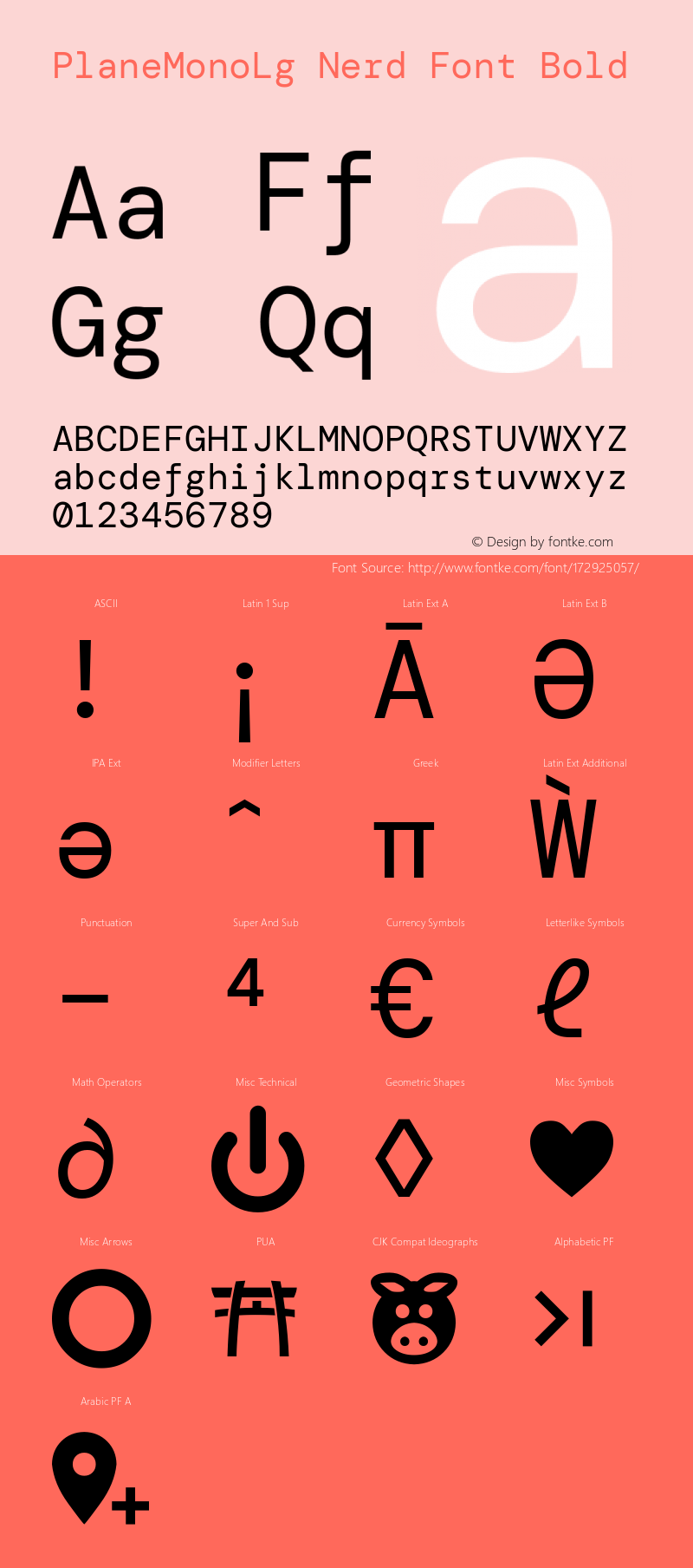 PlaneMonoLg Nerd Font Plus Font Awesome Plus Font Awesome Extension Plus Octicons Plus Power Symbols Plus Pomicons Plus Font Logos (Font Linux) Plus Material Design Icons Version 0.1 - 2021;Nerd Font图片样张