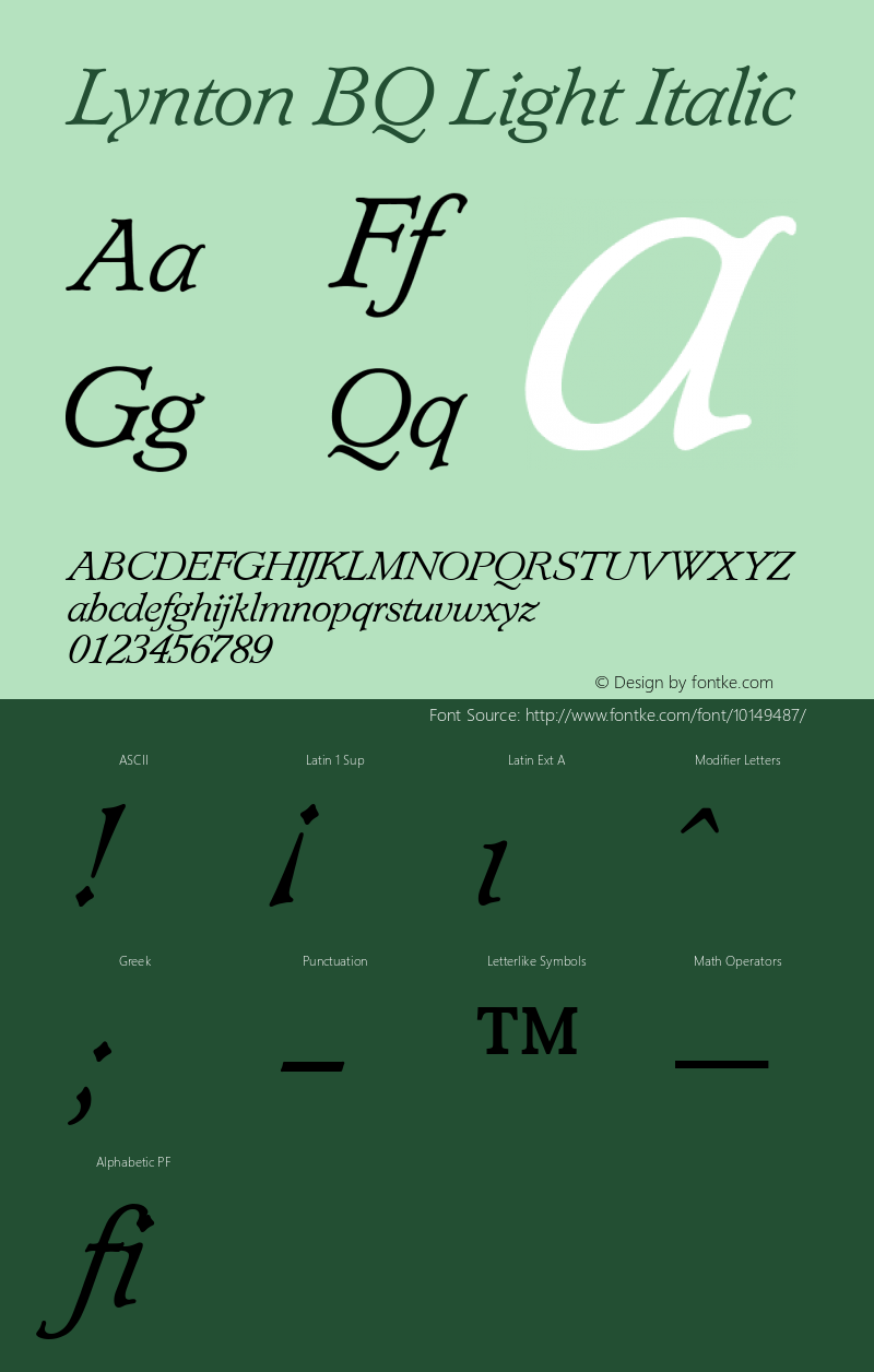 Lynton BQ Light Italic Version 001.000 Font Sample