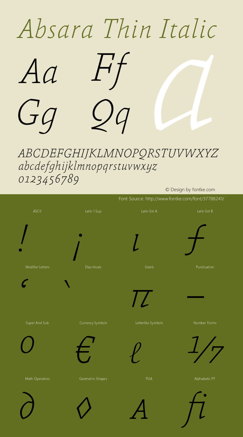 AbsaraThin-Italic Version 7.504 Font Sample