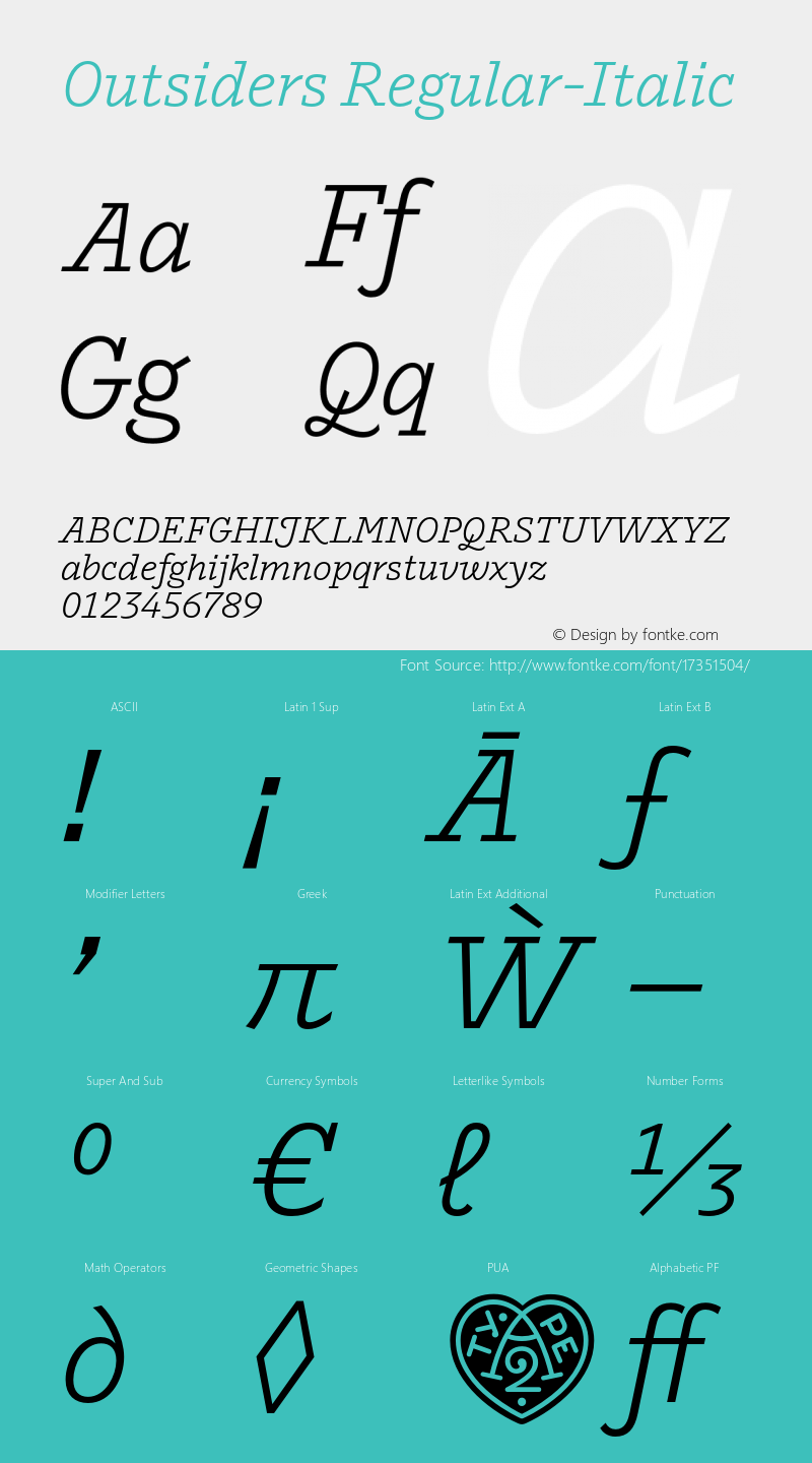 Outsiders Regular-Italic Version 1.002; ttfautohint (v0.96) -l 8 -r 50 -G 200 -x 14 -w 