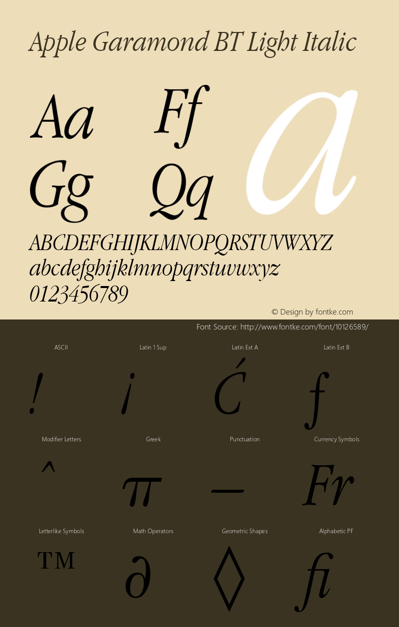 Apple Garamond BT Light Italic 3.7d1 Font Sample