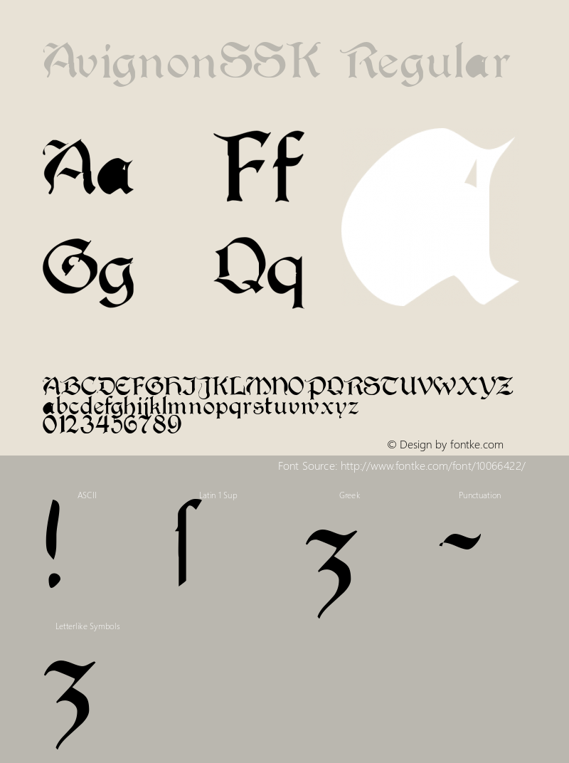 AvignonSSK Regular Macromedia Fontographer 4.1 8/11/95 Font Sample