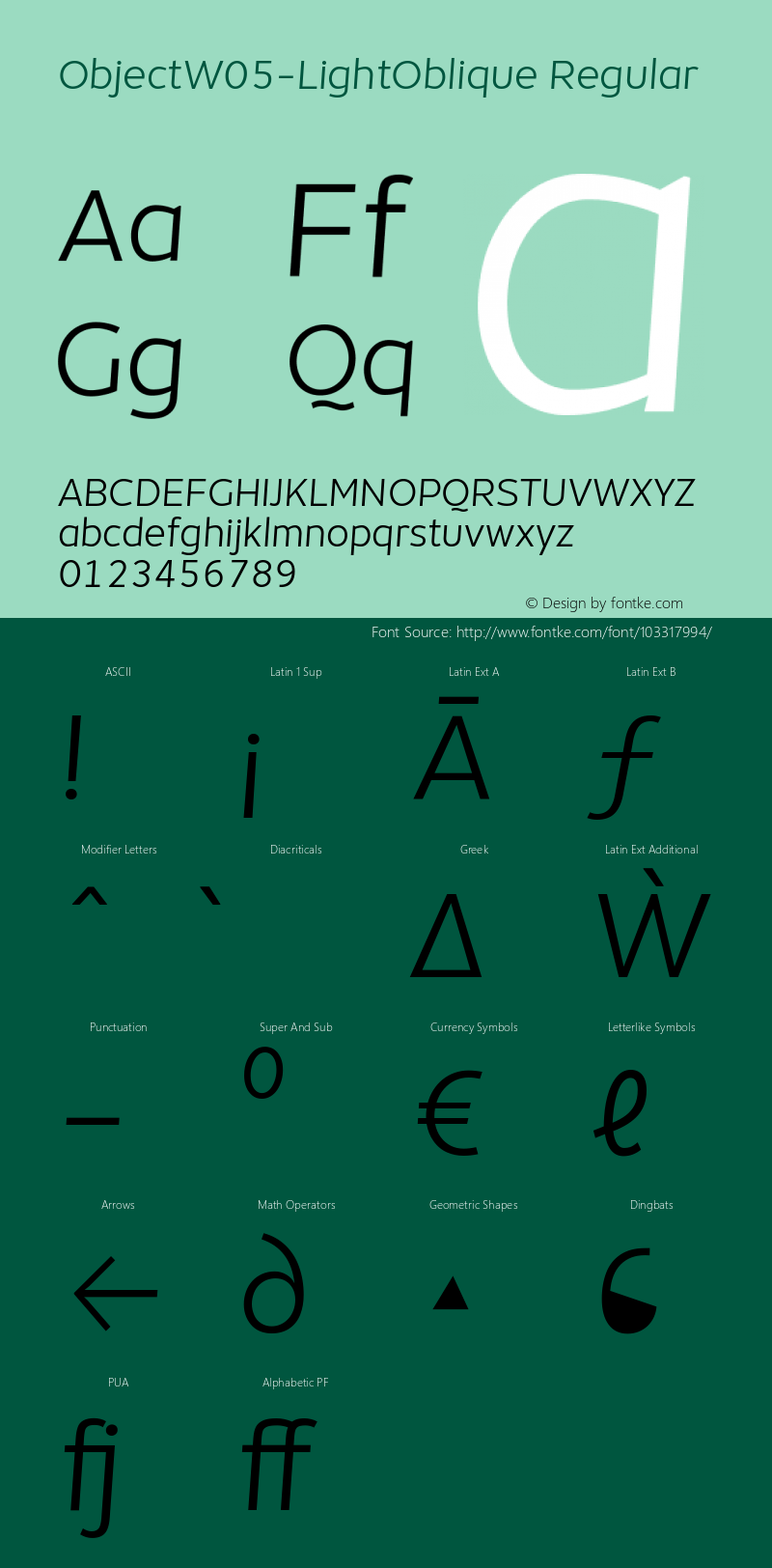 Object W05 Light Oblique Version 1.002 Font Sample