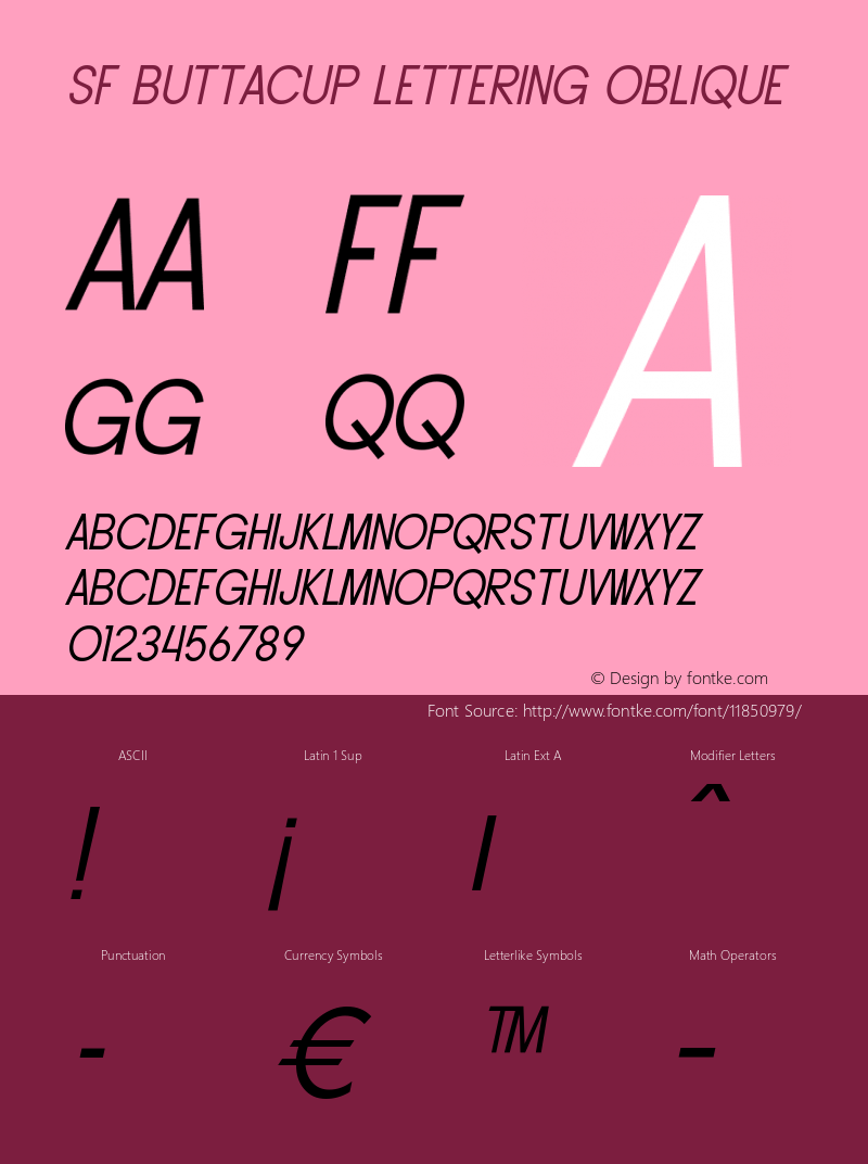 SF Buttacup Lettering Oblique Version ver 1.0; 2000. Freew Font Sample
