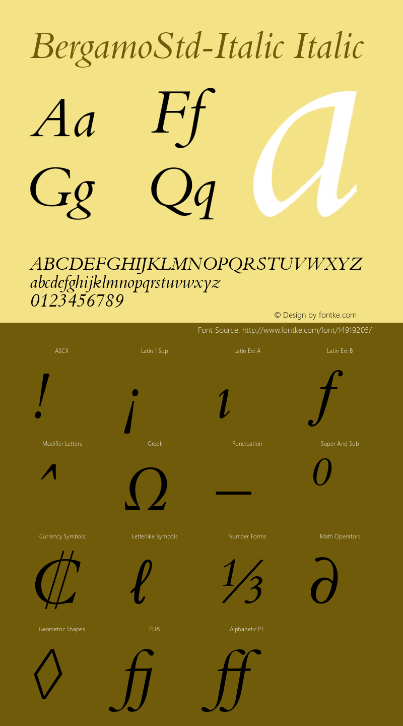 BergamoStd-Italic Italic Version 1.068 Font Sample