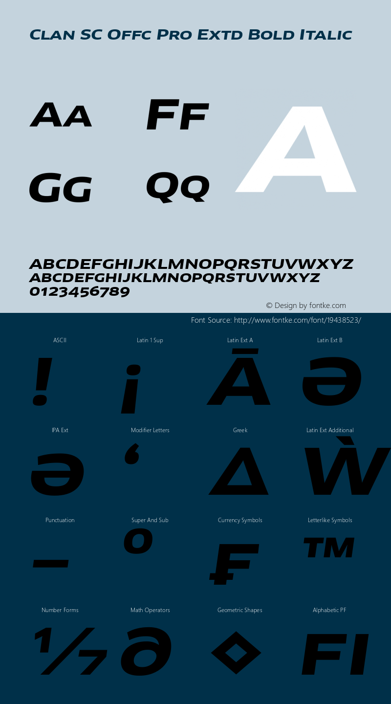 Clan SC Offc Pro Extd Bold Italic Version 7.504; 2010; Build 1020 Font Sample