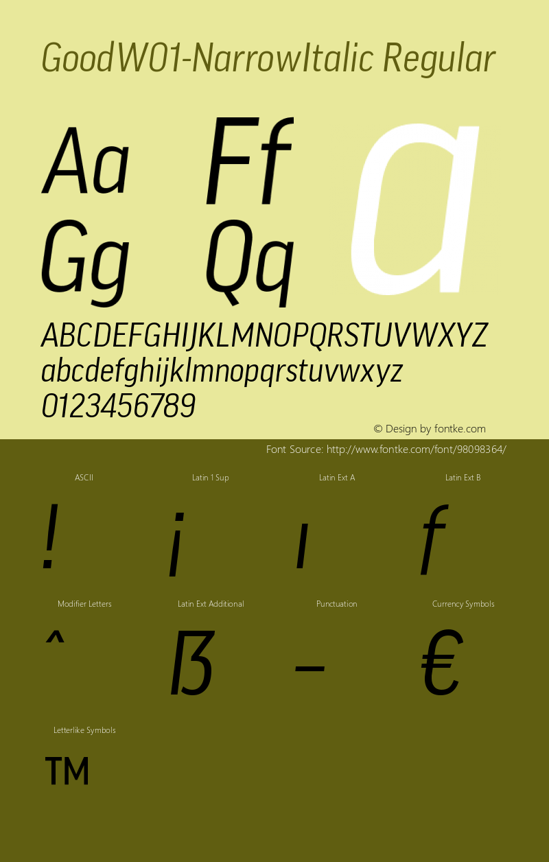 Good W01 Narrow Italic Version 7.504 Font Sample