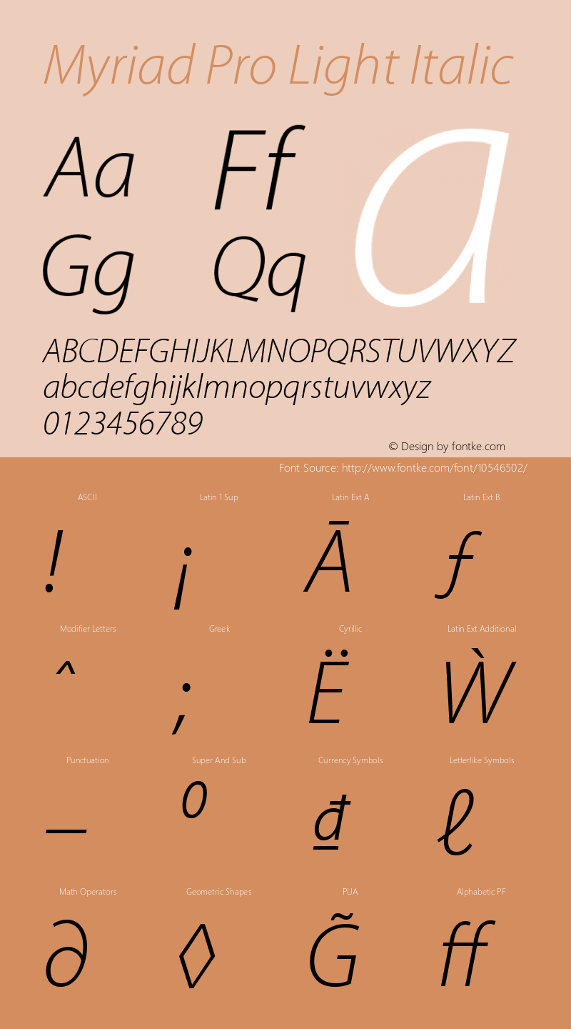 Myriad Pro Light Italic Version 2.006;PS 002.000;Core 1.0.38;makeotf.lib1.6.6565 Font Sample