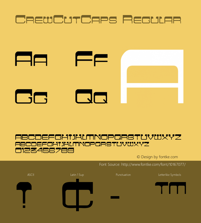 CrewCutCaps Regular The IMSI MasterFonts Collection, tm 1995, 1996 IMSI (International Microcomputer Software Inc.) Font Sample