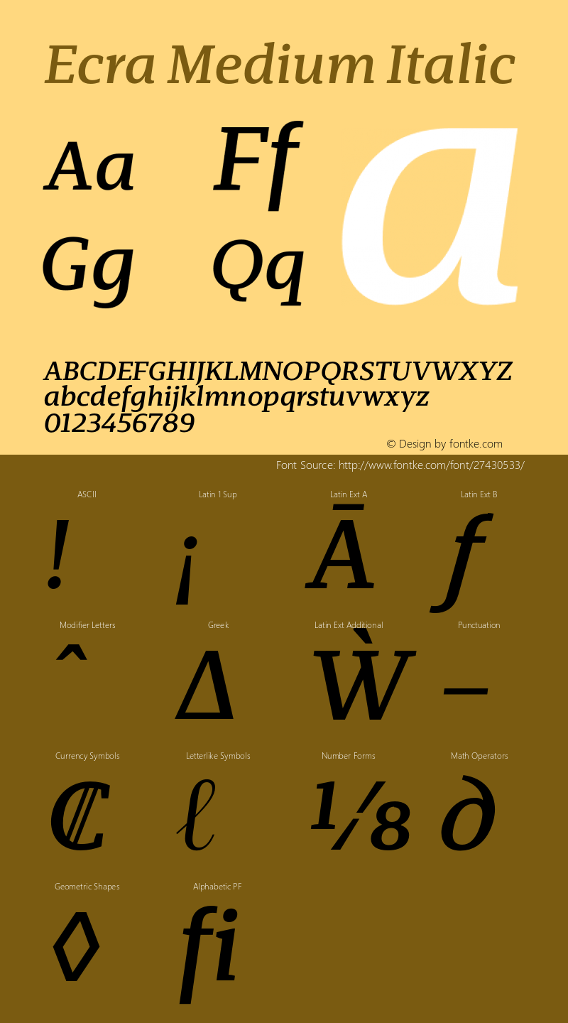 Ecra Medium Italic Version 1.001;PS 001.001;hotconv 1.0.70;makeotf.lib2.5.58329 Font Sample