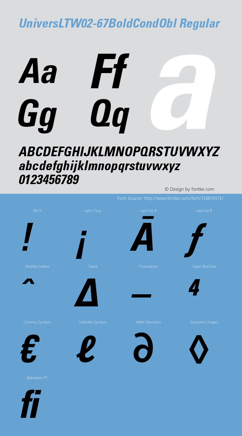 Univers LT W02 67 Bold Cn Obl Version 1.00 Font Sample