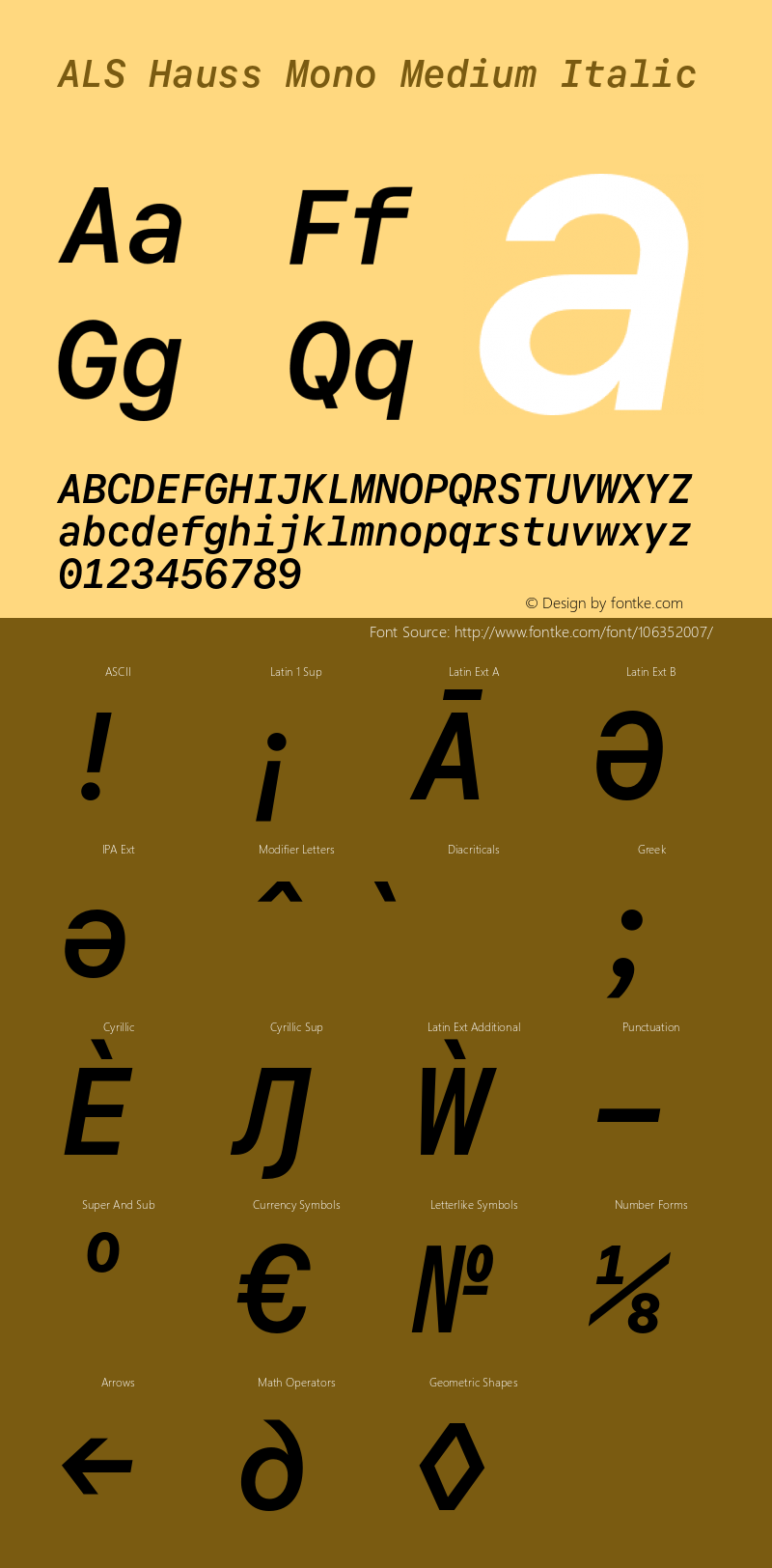 ALS Hauss Mono Medium Italic Version 1.300;hotconv 1.0.109;makeotfexe 2.5.65596 Font Sample