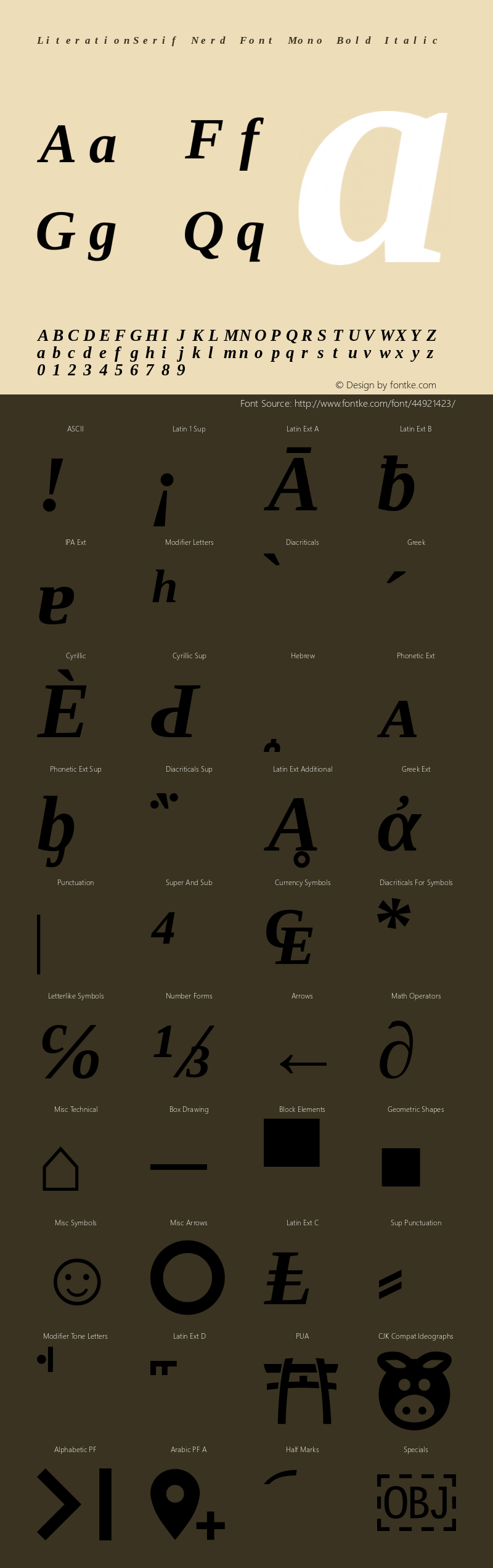 Literation Serif Bold Italic Nerd Font Complete Mono Version 2.00.5 Font Sample