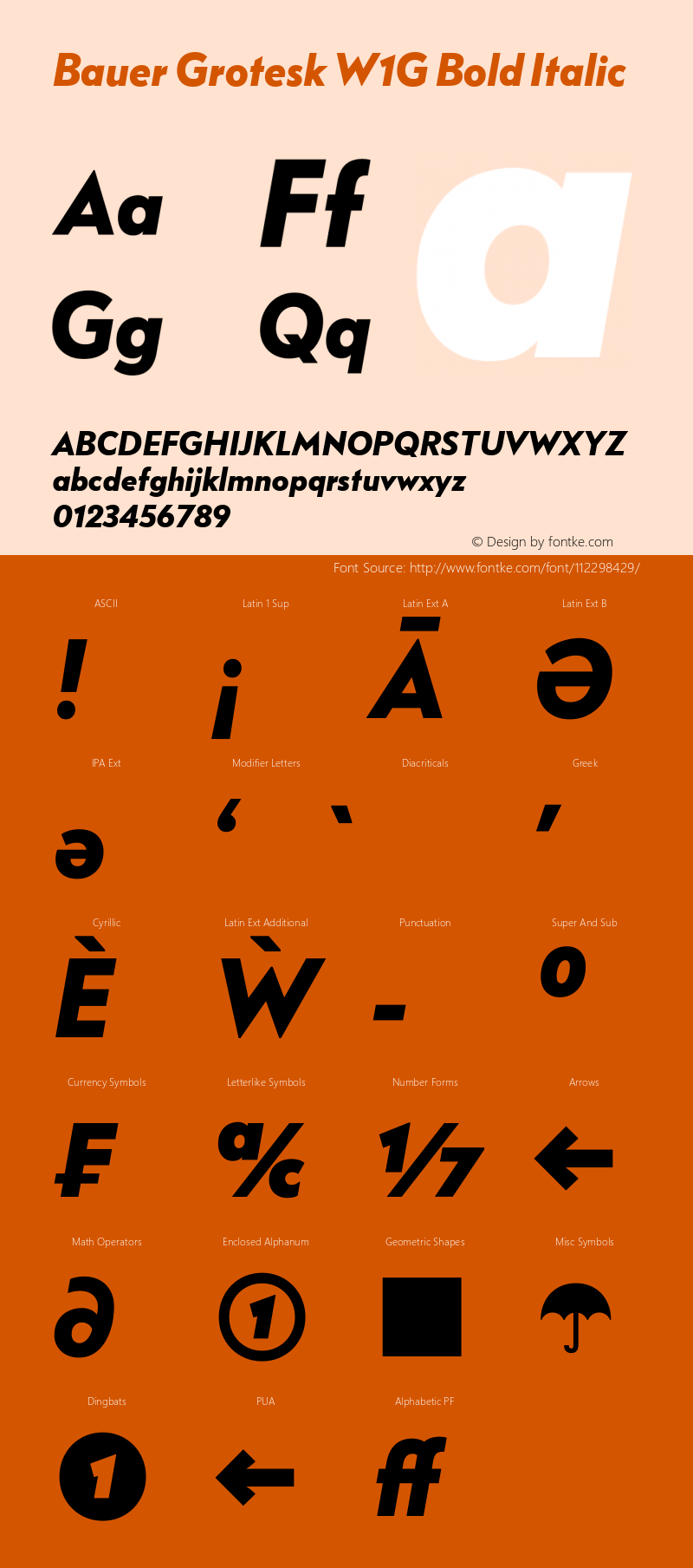 Bauer Grotesk W1G Bold Italic Version 7.700, build 1040, FoPs, FL 5.04 Font Sample