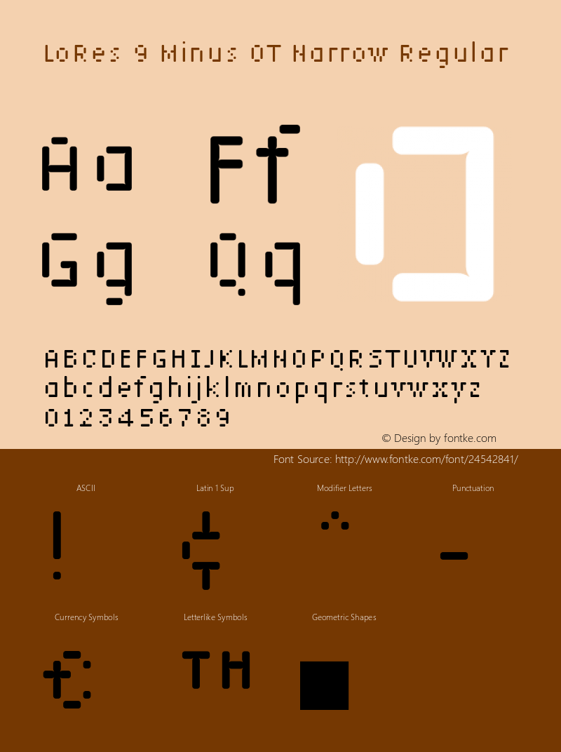 Lo-Res 9 Narrow Minus Version 1.00, SI, December 9, 2002, initial release Font Sample