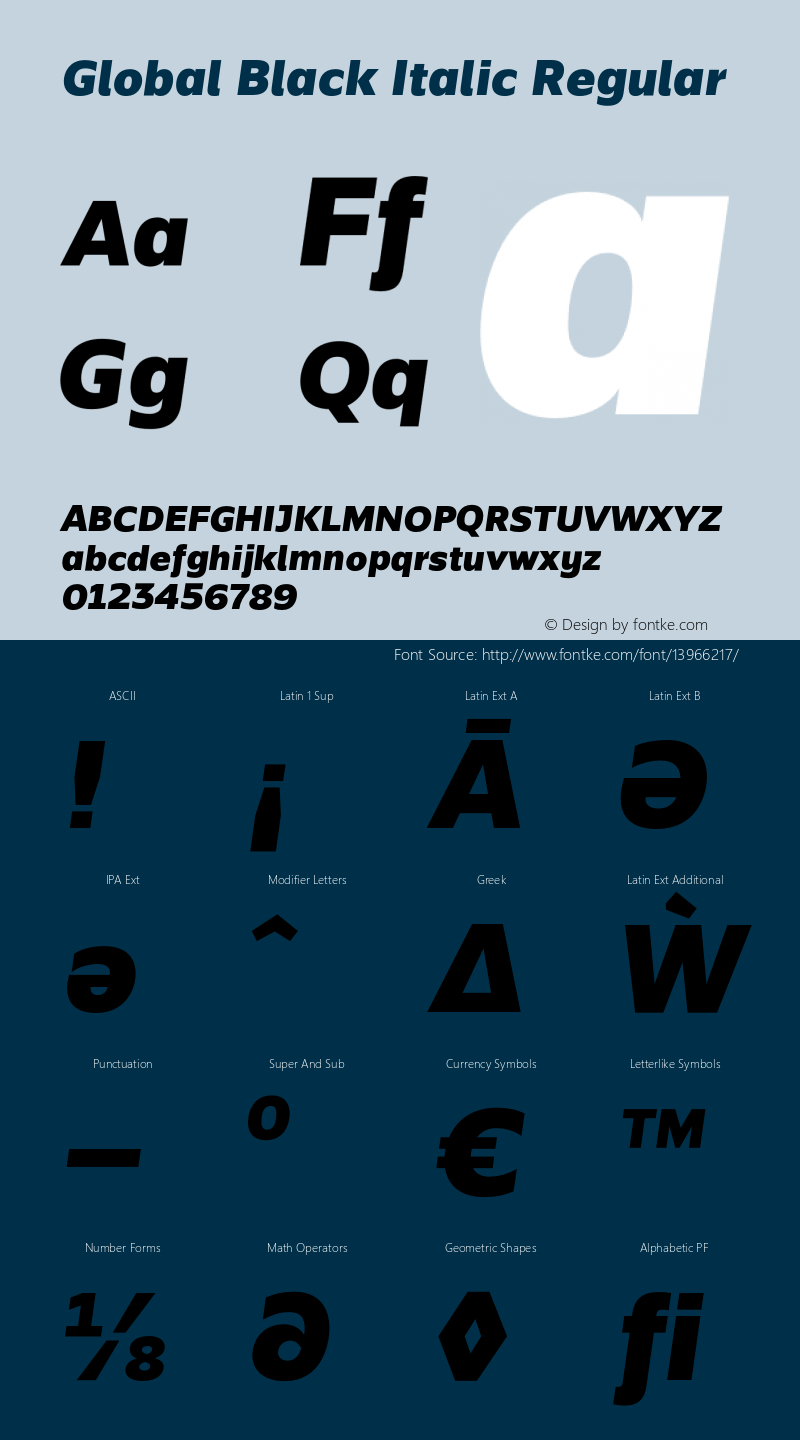 Global Black Italic Regular Version 1.002;PS 001.002;hotconv 1.0.70;makeotf.lib2.5.58329 Font Sample