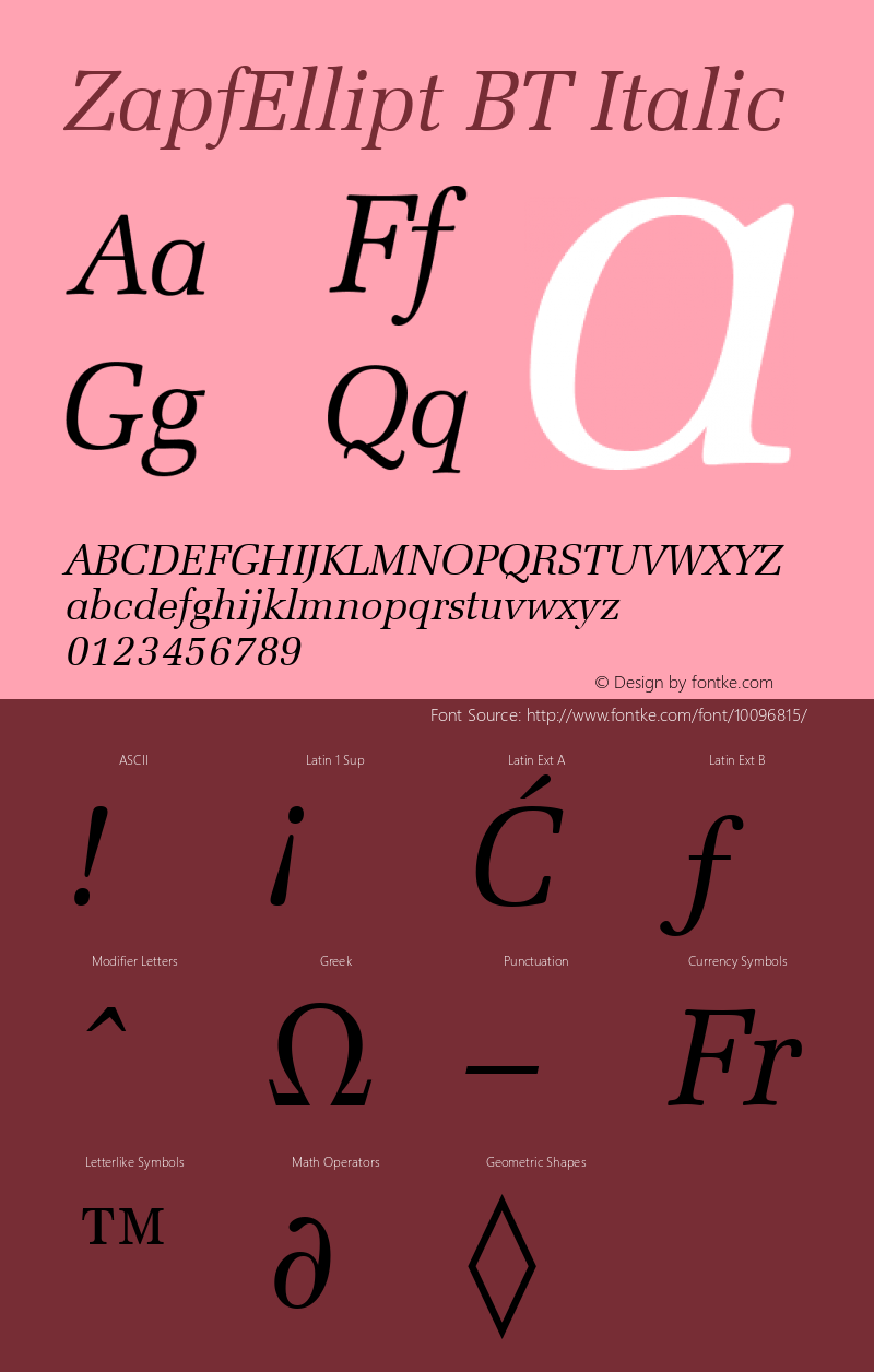 ZapfEllipt BT Italic Version 2.001 mfgpctt 4.4 Font Sample