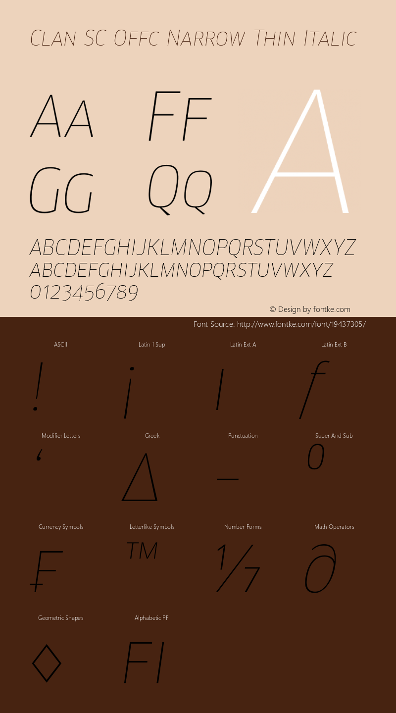 Clan SC Offc Narrow Thin Italic Version 7.504; 2010; Build 1020 Font Sample