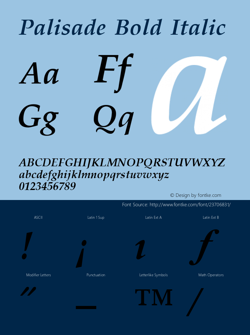 Palisade Bold Italic Accurate Research Professional Fonts, Copyright (c)1995 Font Sample