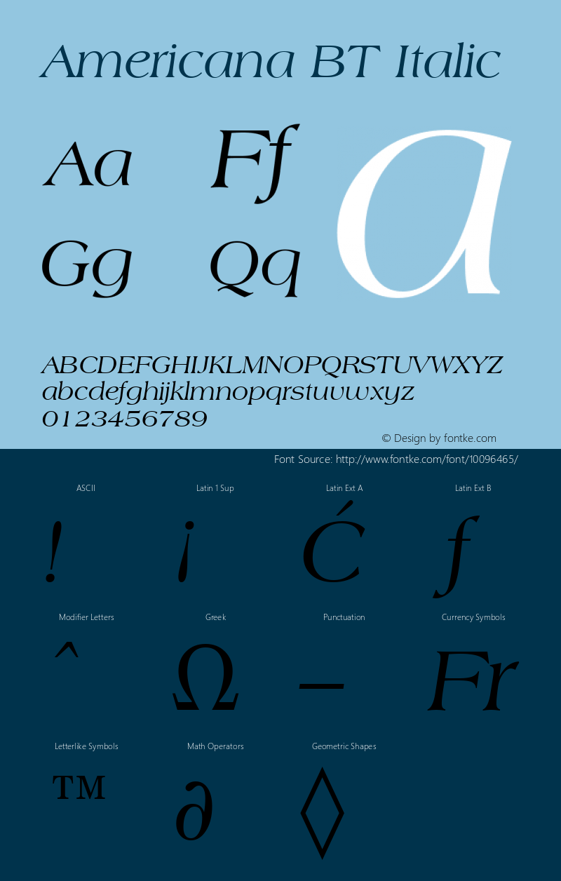 Americana BT Italic Version 2.001 mfgpctt 4.4 Font Sample