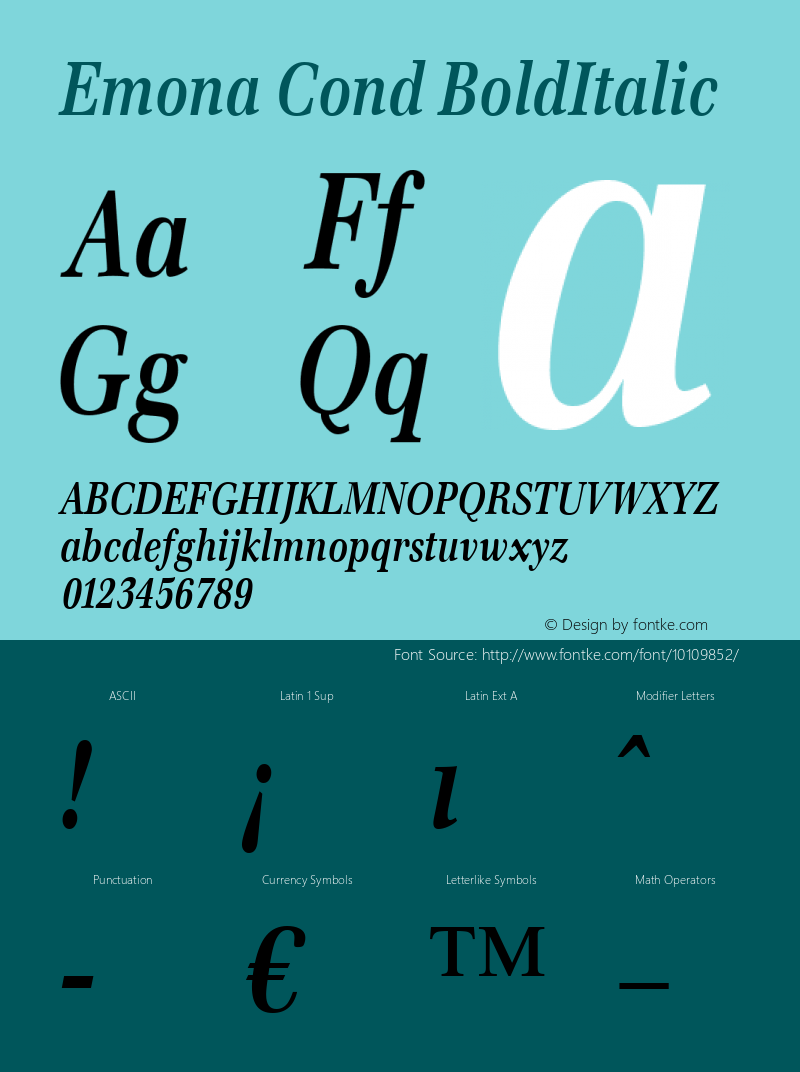 Emona Cond BoldItalic Macromedia Fontographer 4.1.4 01‐11‐17 Font Sample