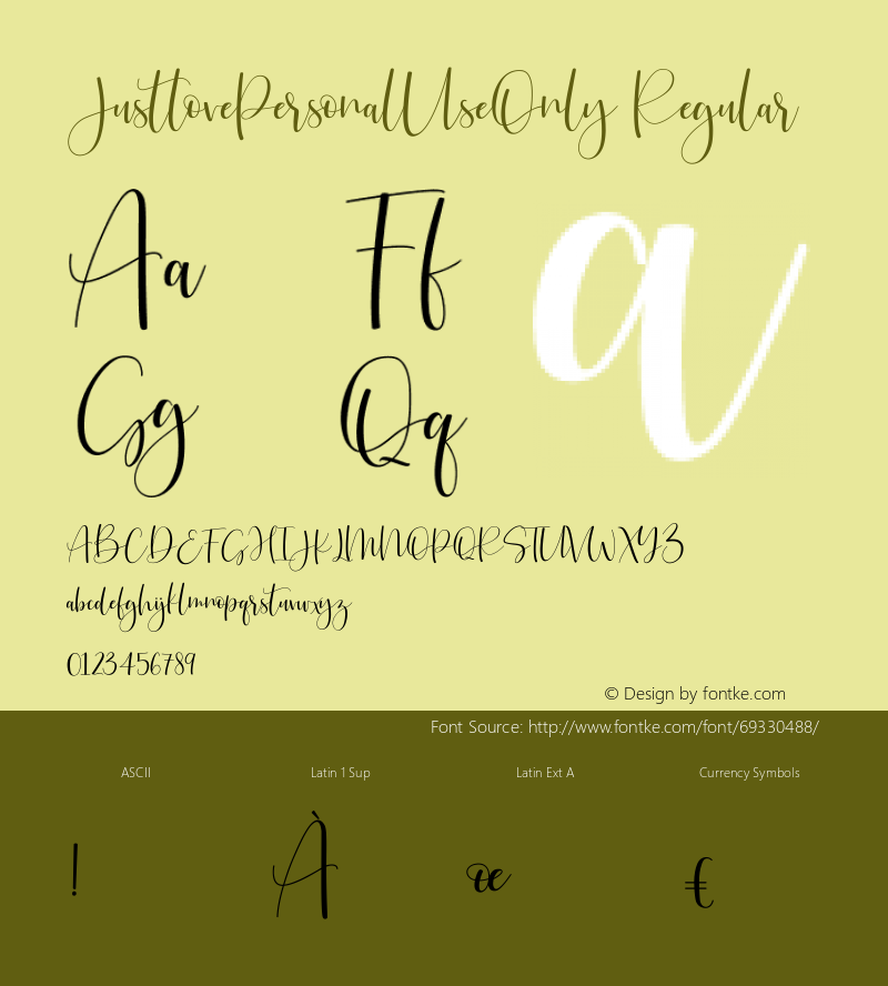 JustlovePersonalUseOnly Version 001.000 Font Sample