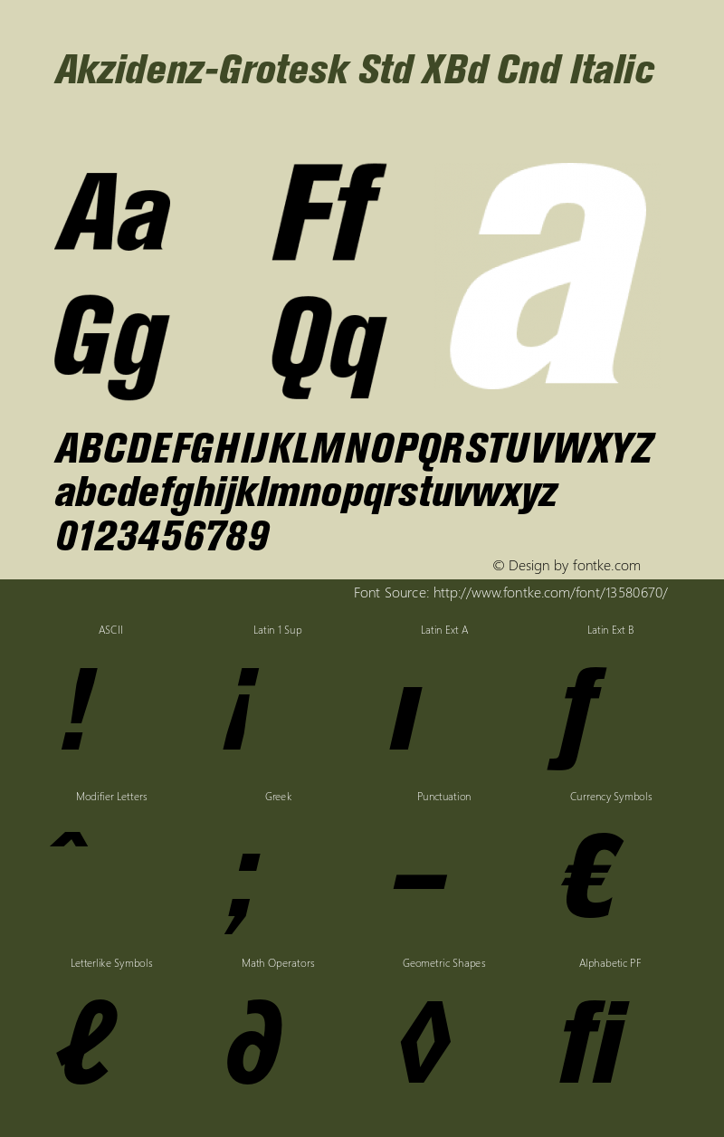 Akzidenz-Grotesk Std XBd Cnd Italic Version 001.000;Core 1.0.01;otf.5.02.2291;15.06W Font Sample