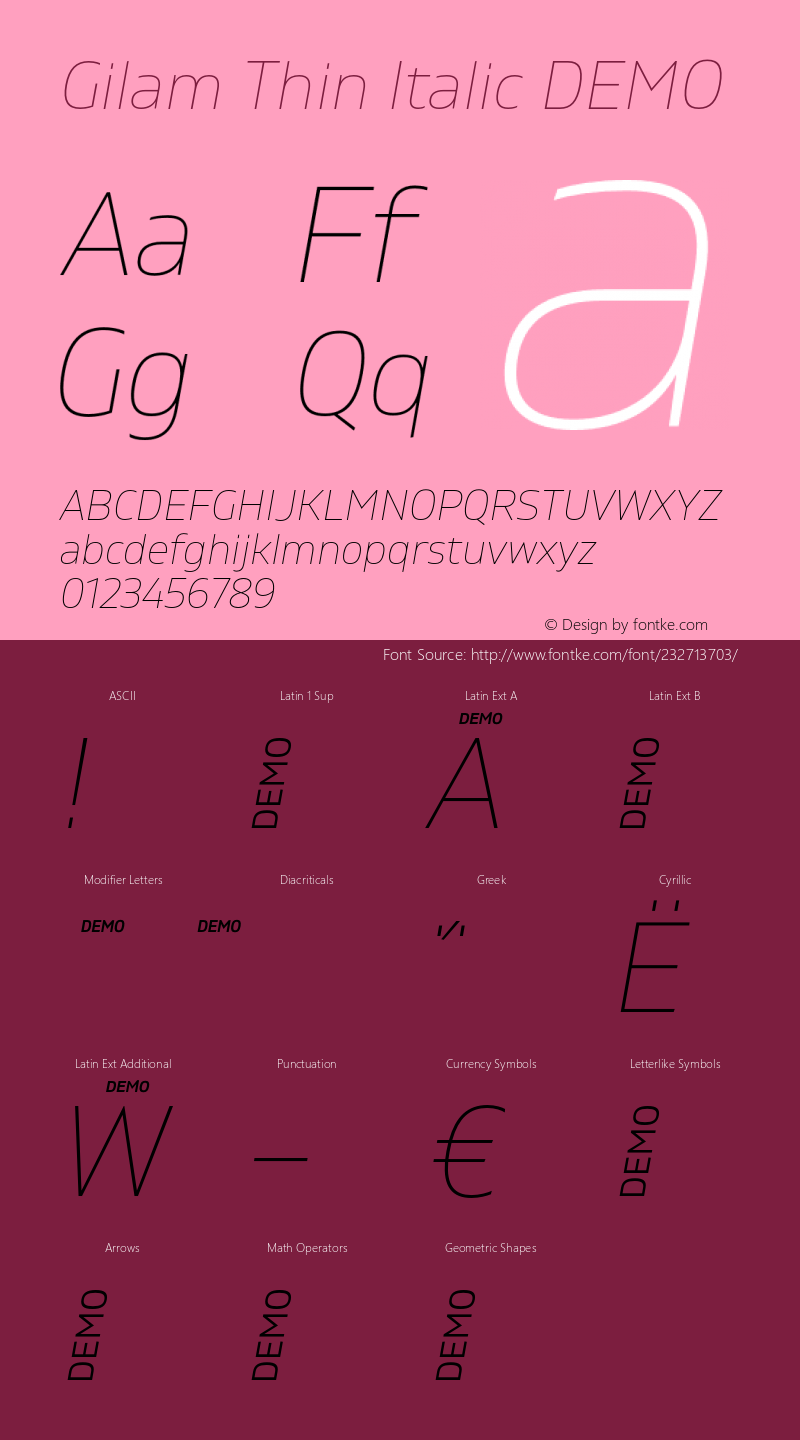 Gilam Thin Italic DEMO Version 1.000;PS 001.000;hotconv 1.0.88;makeotf.lib2.5.64775图片样张