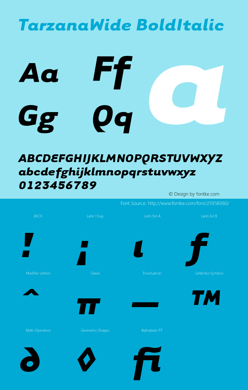 TarzanaWideBoldItalic Version 001.000 Font Sample