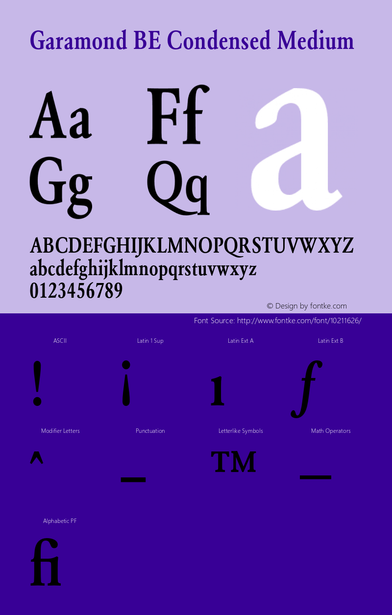 Garamond BE Condensed Medium 001.001 Font Sample