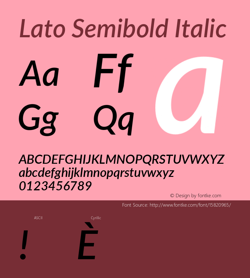 Lato Semibold Italic Version 2.010; 2014-09-01; http://www.latofonts.com/; ttfautohint (v1.4.1) Font Sample