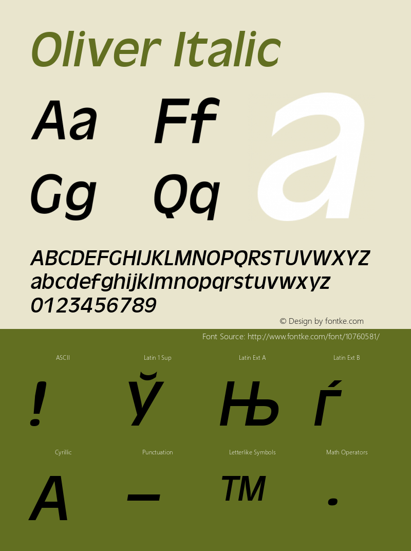 Oliver Italic 1.0 Thu May 29 07:32:06 1980 Font Sample