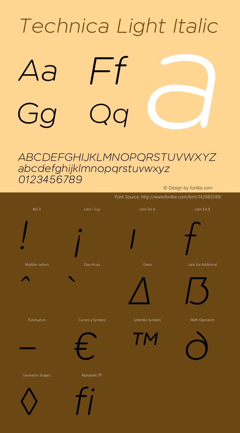 Technica Light Italic Version 1.000;hotconv 1.0.109;makeotfexe 2.5.65596 Font Sample