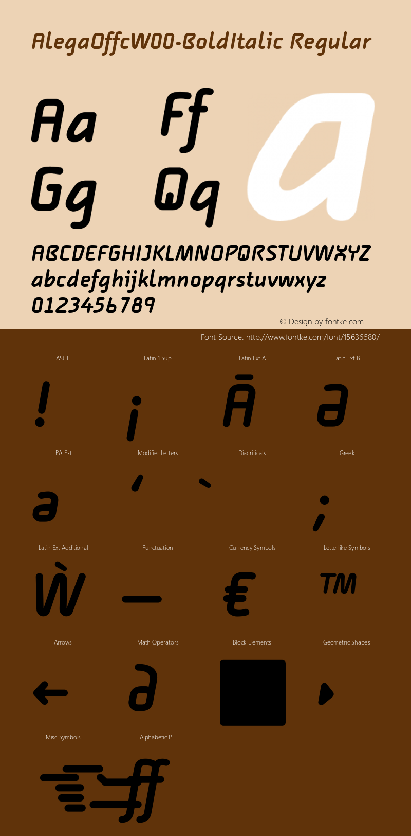 AlegaOffcW00-BoldItalic Regular Version 7.504 Font Sample