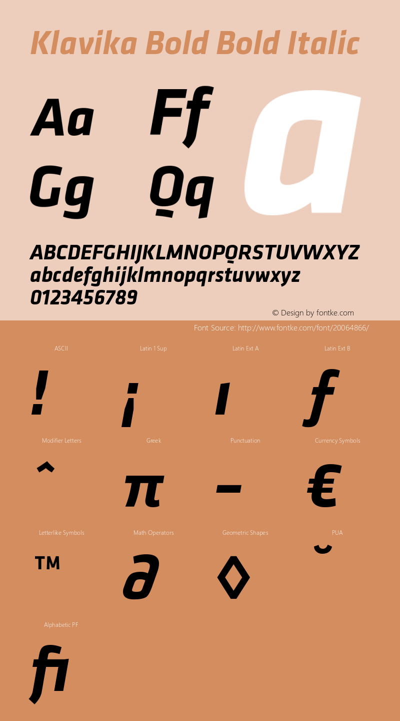 Klavika Bold Bold Italic Version 1.00 July 9, 2015, initial release Font Sample