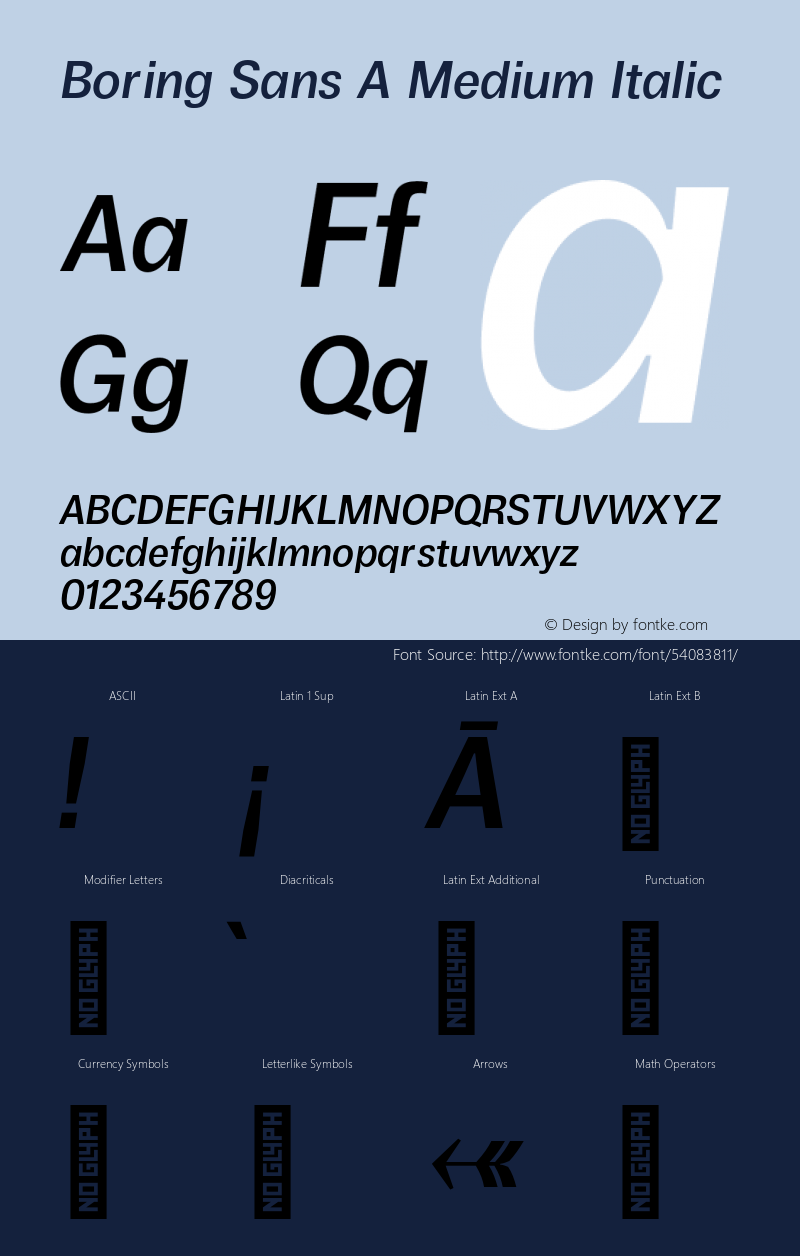 BoringSansA-MediumItalic Version 1.000;hotconv 1.0.109;makeotfexe 2.5.65596 Font Sample