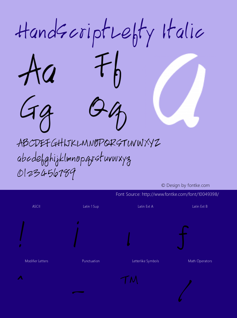 HandScriptLefty Italic W.S.I. Int'l v1.1 for GSP: 6/20/95 Font Sample