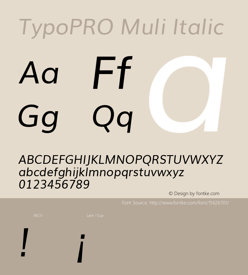 TypoPRO Muli Italic Version 2.0; ttfautohint (v1.00rc1.2-2d82) -l 8 -r 50 -G 200 -x 0 -D latn -f none -w G -W Font Sample